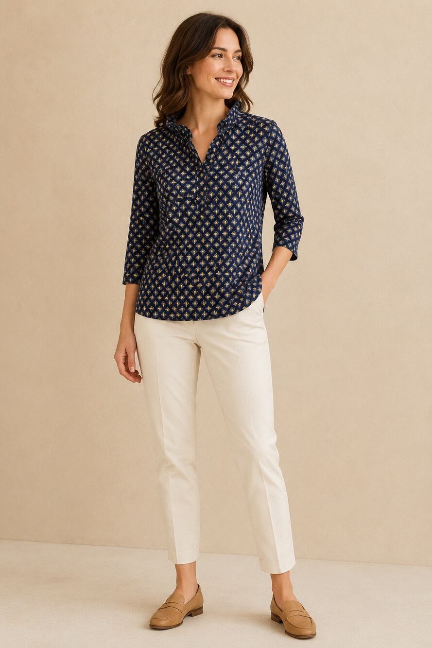 J.McLaughlin Women’s XS Navy Gold Geometric Ruffle Neck Stretch Top
